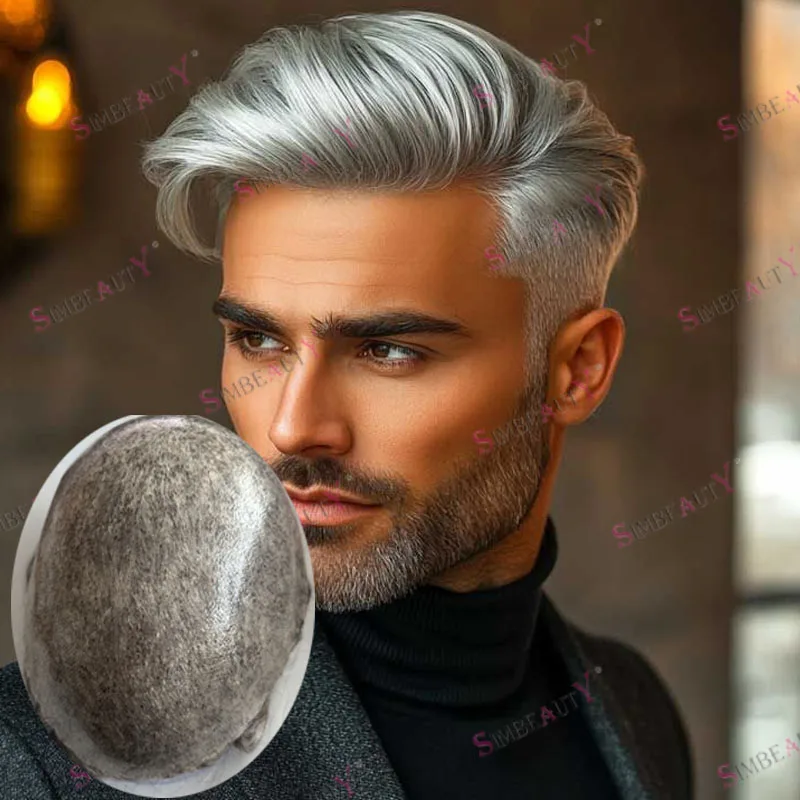 

1B80 Серые 100% человеческие волосы Парики для стариков Необнаружимая тонкая основа для кожи Мужской парик Супер прочный черный коричневый шиньоны Протез