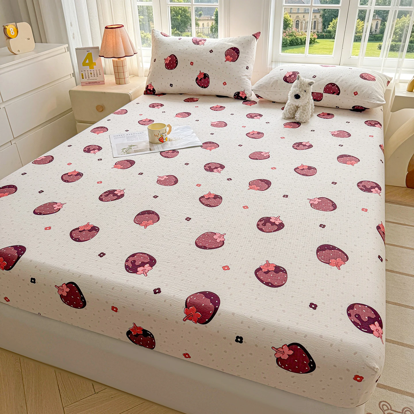 Seersucker Fitted Sheet Strawberry Printed Bed Sheet with Elastic Single/Queen/King Size Fitted Bed Sheet sabanas matrimoniales