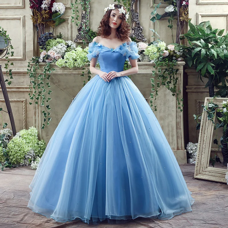 New Vestidos Blue Quinceanera Dress With Trian Elegant Off Shoulder Ball Gown Party Dress Plus Size Prom Gown Sweet butterfly