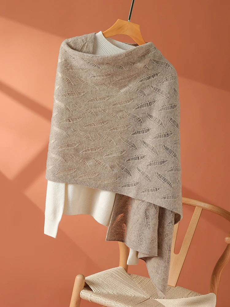 

New Women 100% Merino Wool Shawl Scarf Autumn Winter Luxury Goat Cashmere Knitwear Grace Office Lady Cashmere Sweater Leaf hawl