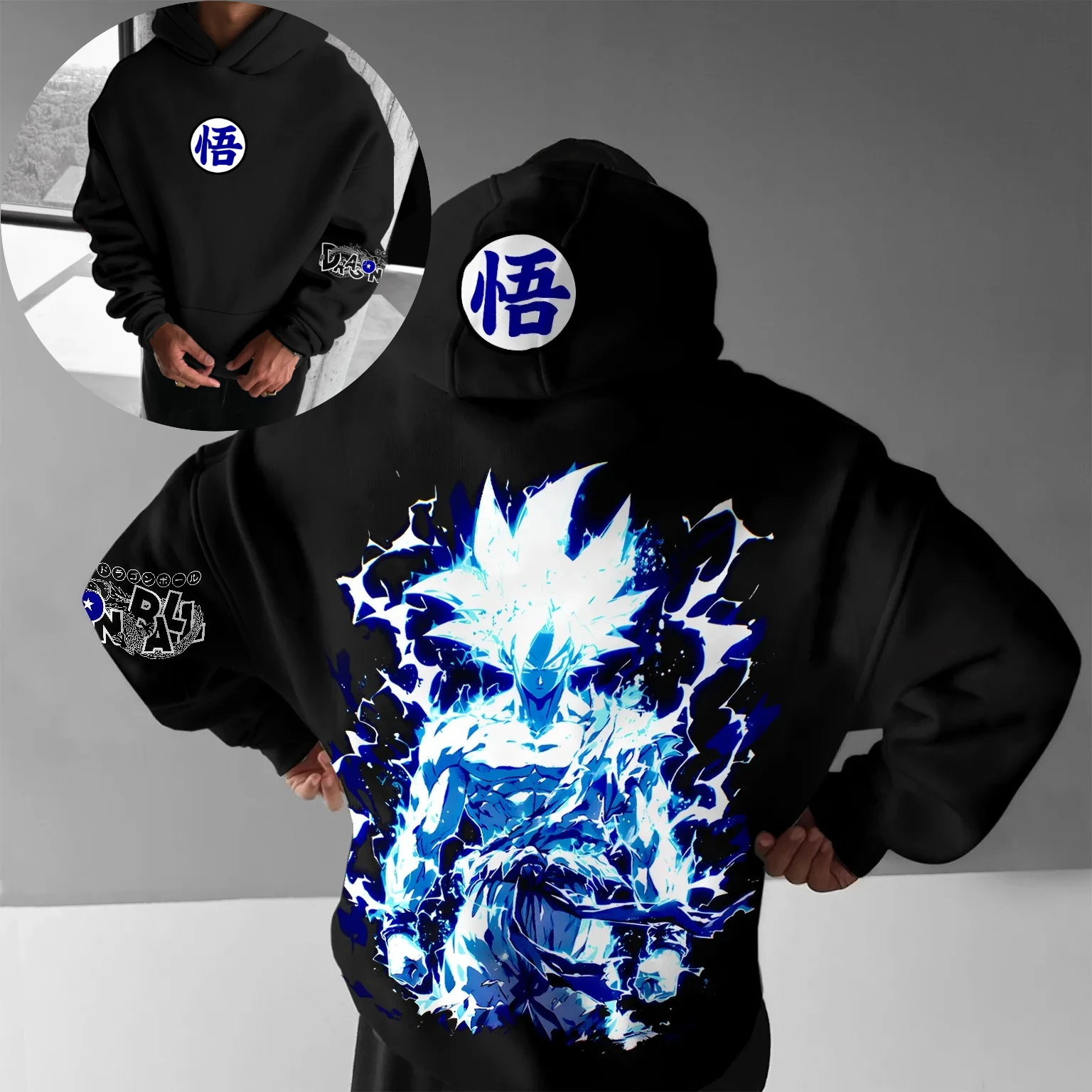 Dragon Ball Z Goku Super Saiyan Dios azul energía Anime Sudadera con capucha hombres espalda negra estampado japonés Kanji manga texto ropa de calle moda