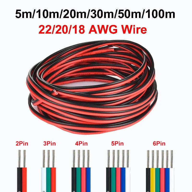 2/3/4/5/6Pin Led Strip Wire 22 20 18 AWG Electrical Wire Red Black Cable For RGB RGBW RGBWW WS2812B COB Light Bar JST Connector