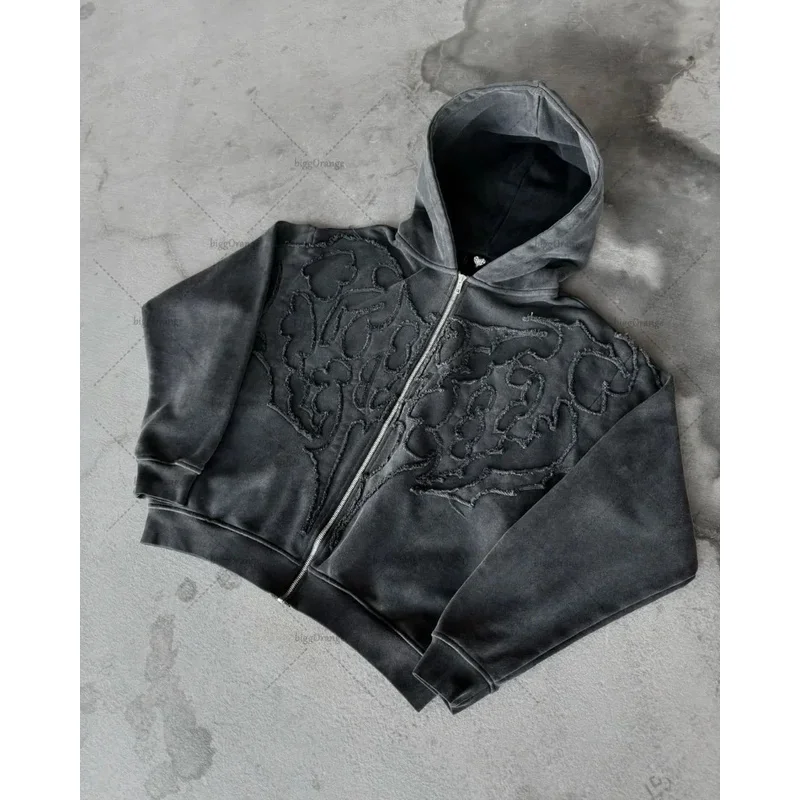 American Y2K Harajuku Retro gotico punk ricamato con cerniera giacca con cappuccio da uomo tendenza casual felpa oversize da donna Street wear