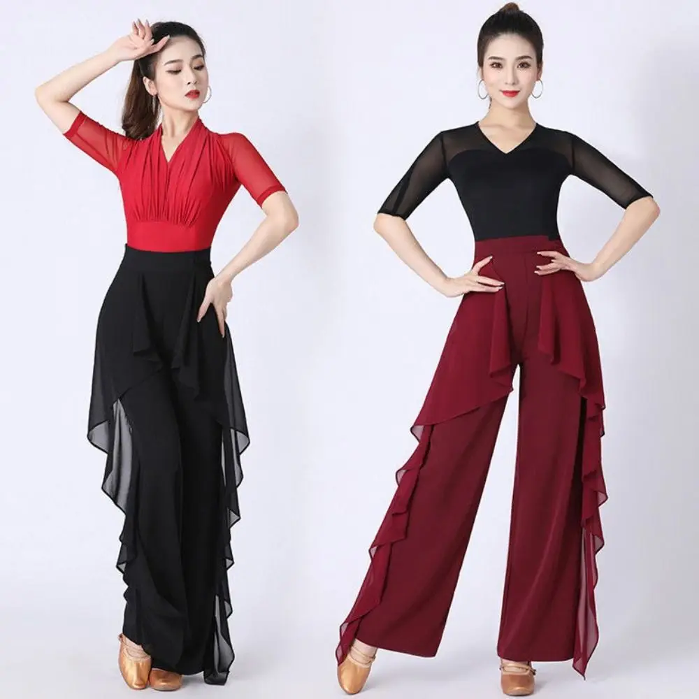 

Elastic Waist Dance Pants Pure Color High Waist Square Dance Pants Chiffon Material Ruffles Design Wide Leg Pants