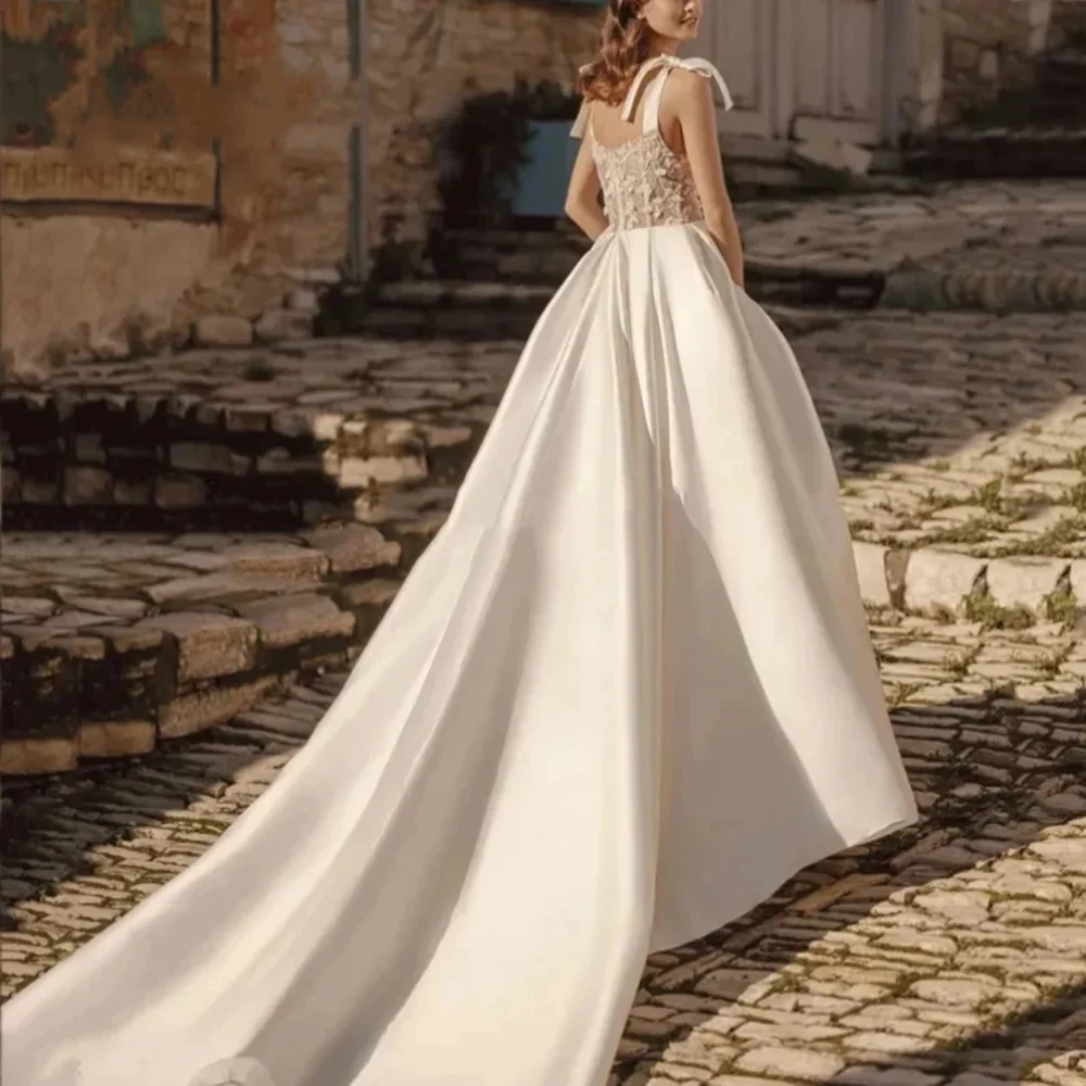 Vestido de novia largo de satén con tirantes finos, traje elegante sin mangas con apliques, corte en línea, tren