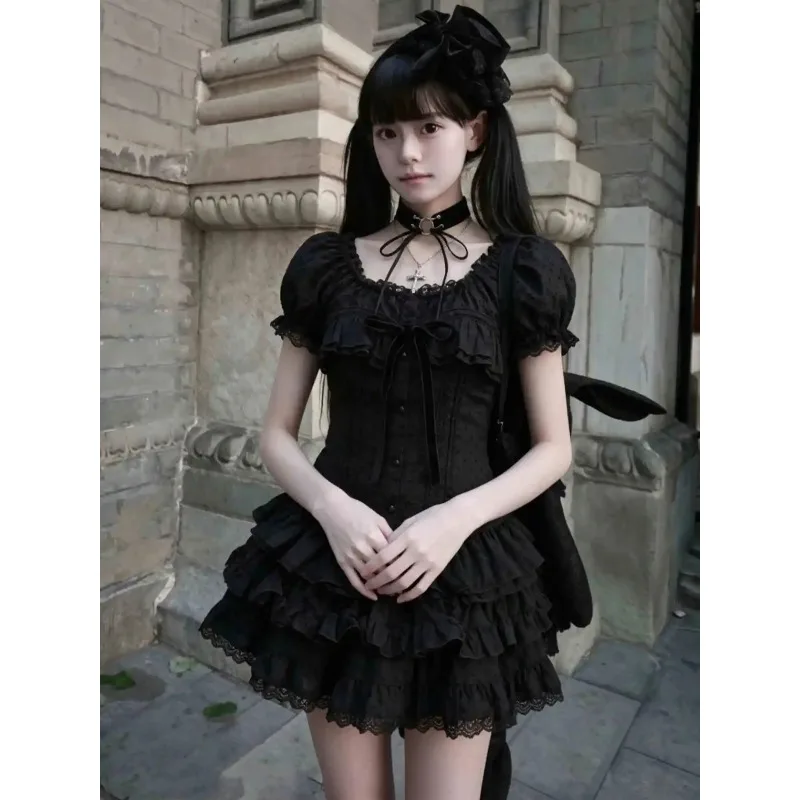 Japanese Light Asian Gyaru Y2k 2000s Gothic Punk 2pcs Chic U Neck Short Sleeve Top Retro Slim Short Skirt Harajuku Girl Outfits