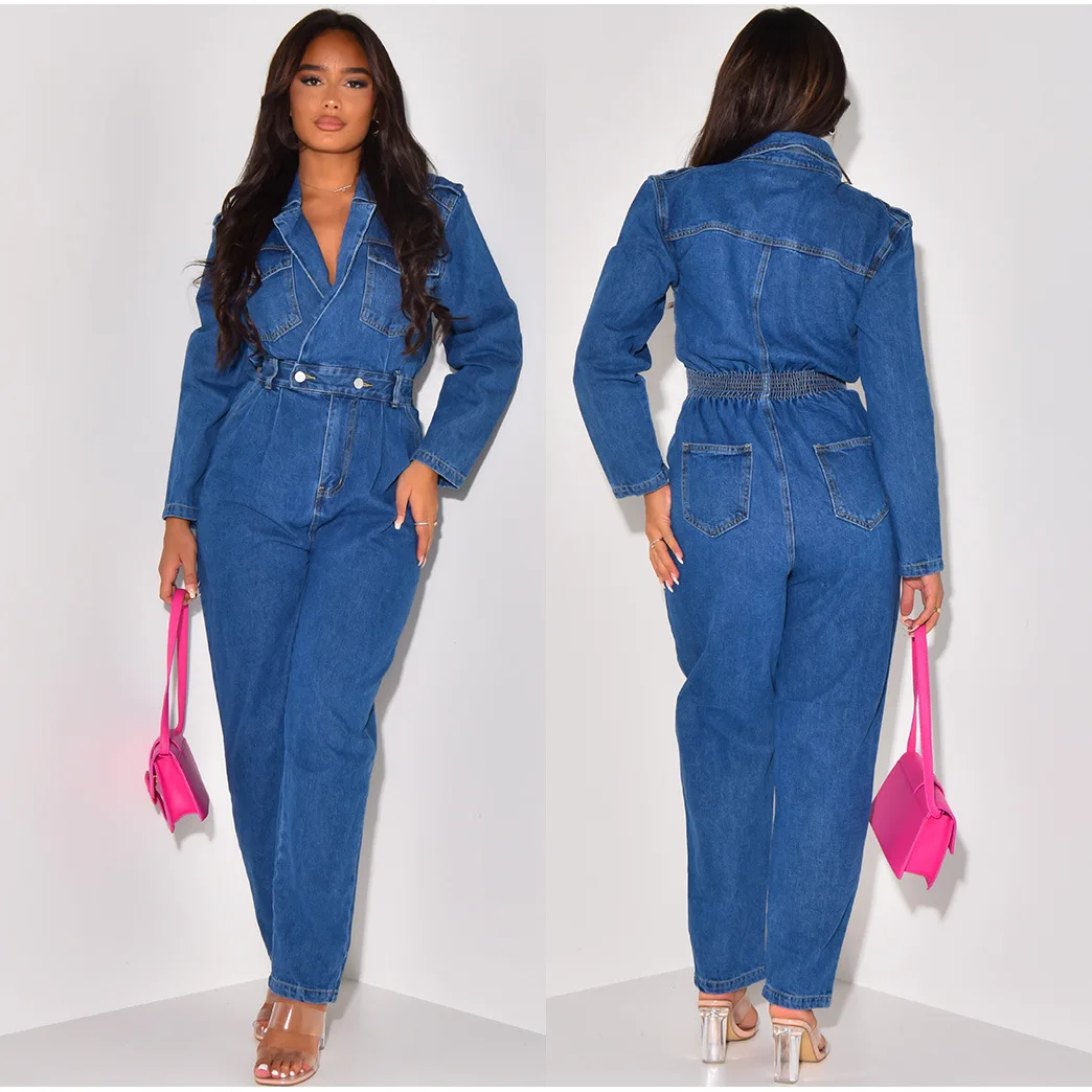 Women Jumpsuit Autumn Winter Fashion Long Sleeve Suitcollar Elastic Denim Jumpsuit Casual Pockets Cargo Straight Jeans Jumpsuit