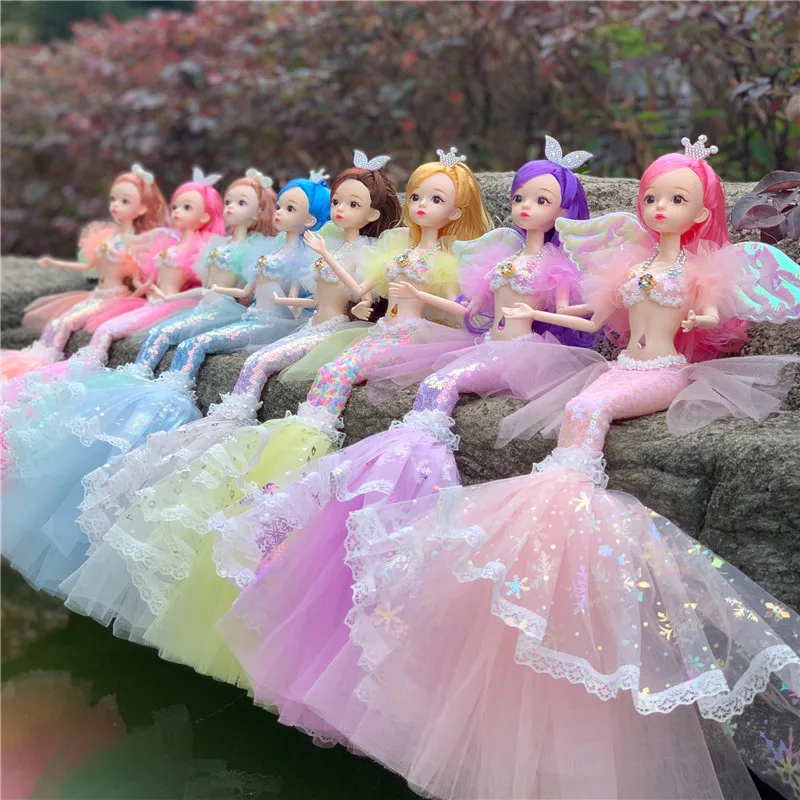 Muñeca de sirena de 45cm para niña, juguete de ojos azules, muñeca de princesa para niños, vestido de boda, muñeca de juego para niña, juguete, regalo de cumpleaños