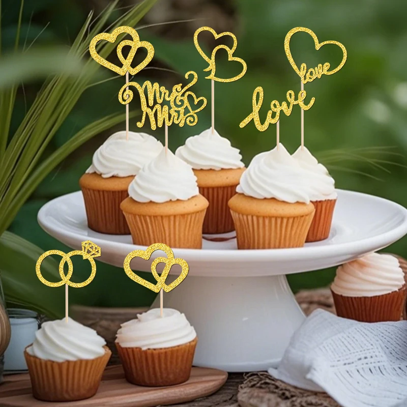 YOMDID 24 Stück Hochzeits-Cupcake-Topper, glitzernde Mr. & Mrs. Kuchenaufsätze, Doppelherzen, Liebesherzringe, Kuchenaufsätze, Hochzeitsdekorationen – Detail 10
