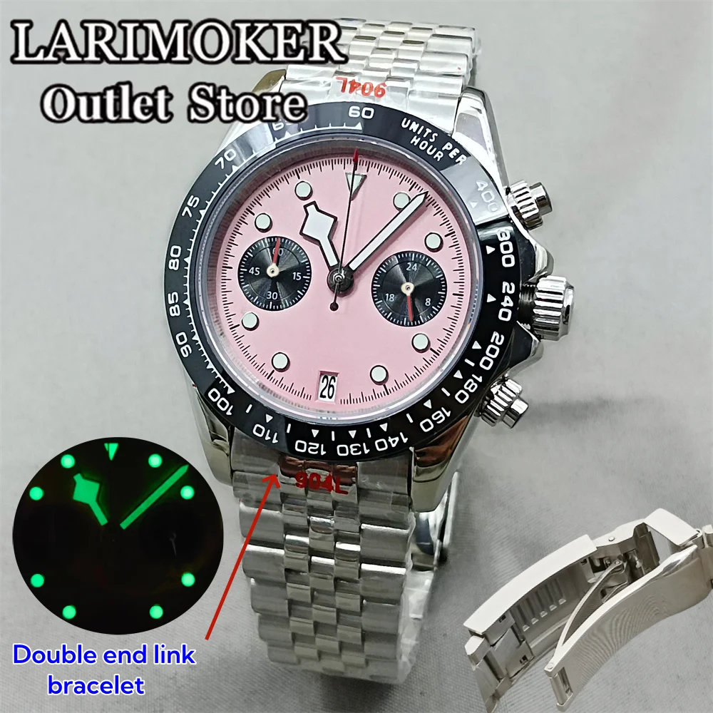 39mm Chronograph Quartz VK64 Quartz stainless steel Bracelet For Sapphire Glass Waterproof Dial Green Luminous Men Watch