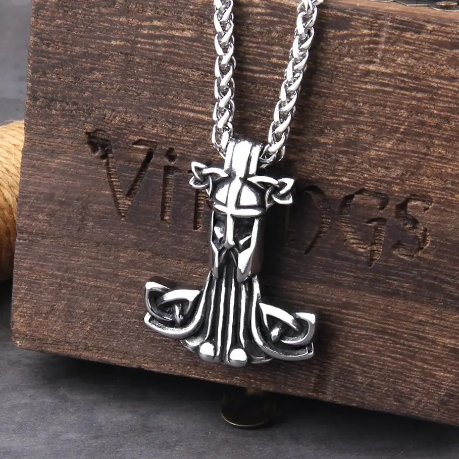Norse Vikings Thor's Hammer Mjolnir Scandinavian Rune Amulet Necklace Vegvisir Wolf and Raven Anchor Pendant Male Jewelry