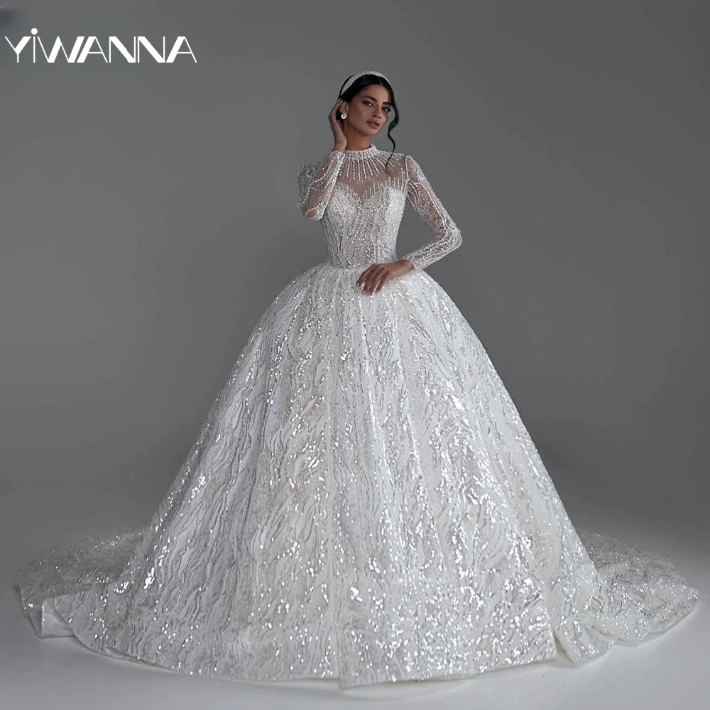 2025 vestido De novia con cuentas De lentejuelas ilusión bata De novia De manga larga vestido De baile exquisito vestido De novia bata personalizada De boda