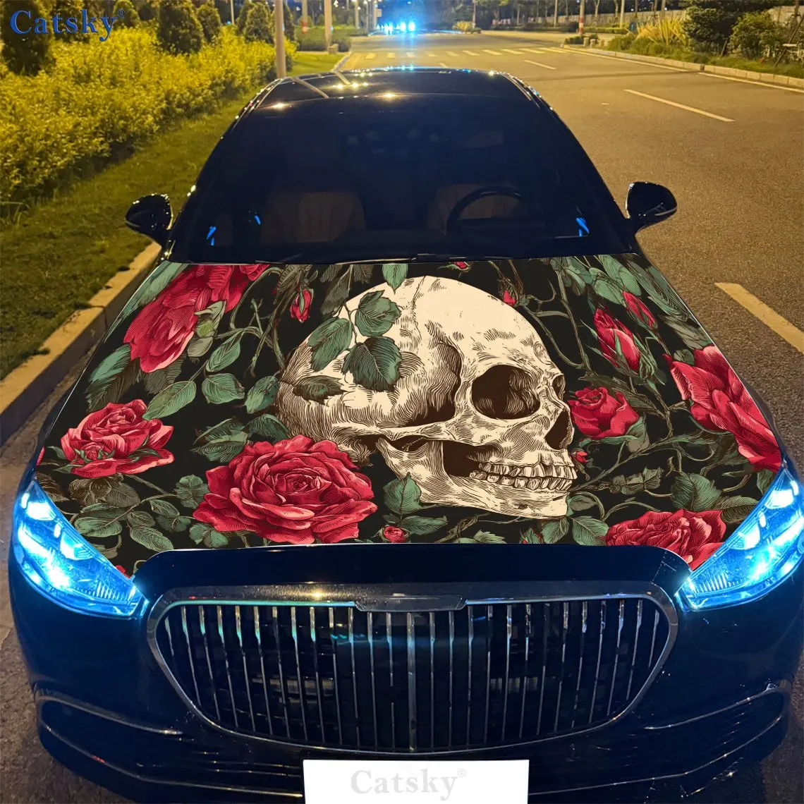 

Romantic Rose - Skull PVC Car Vinyl Wraps, Self-Adhesive Waterproof Car Hood Decal Sticker, Car Decoration Protection Stickers f