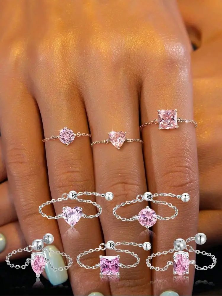

925 Sterling Silver Pink Love Heart Sugar Cubes Adjustable Zircon Ring For Women Engagement Luxury High Quality Fine Jewelry