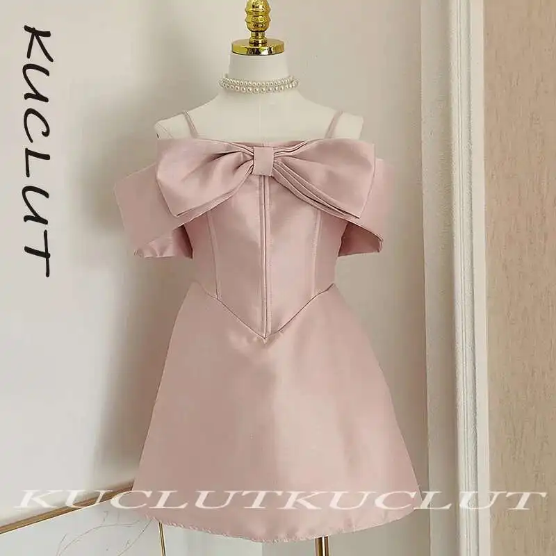 

KUCLUT 2025 New Fashion Off Shoulder Bowknot Design Women's Dress Elegant Solid Color Back Zipper Trendy Dresses Female K175