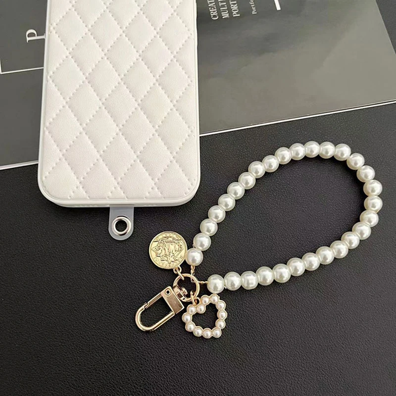 Short Pearl Lanyard Fashion Rhinestone Pendant Pendant Mobile Phone Lanyard Hand-woven Wrist Strap Back Case Anti-lost Lanyard