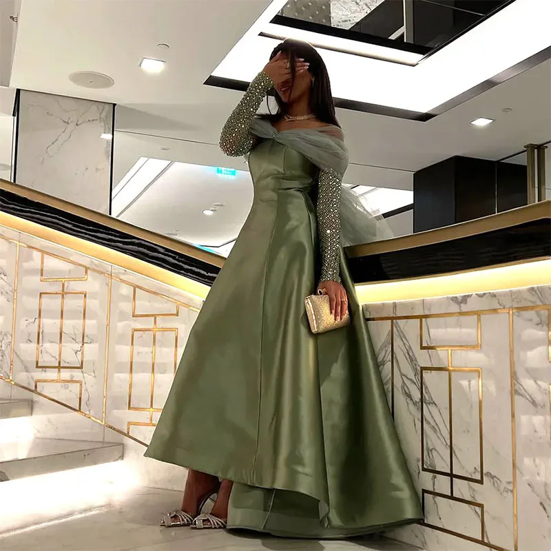 

Luxury Mint Green Crystal Dubai Evening Dresses Off The Shoulder Long Sleeve Bow Back Muslim Prom Formal Gowns 2024 Feast