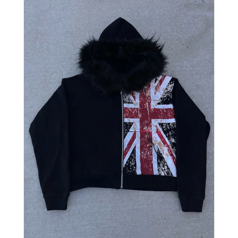 Übergroßer schwarzer Kapuzenpullover mit Kunstpelzkragen für Damen, 2025, Vintage-Stil, UK-Flagge, Aufdruck, Streetwear, Reißverschlussjacke, Gothic-Punk-Mode-Oberbekleidung