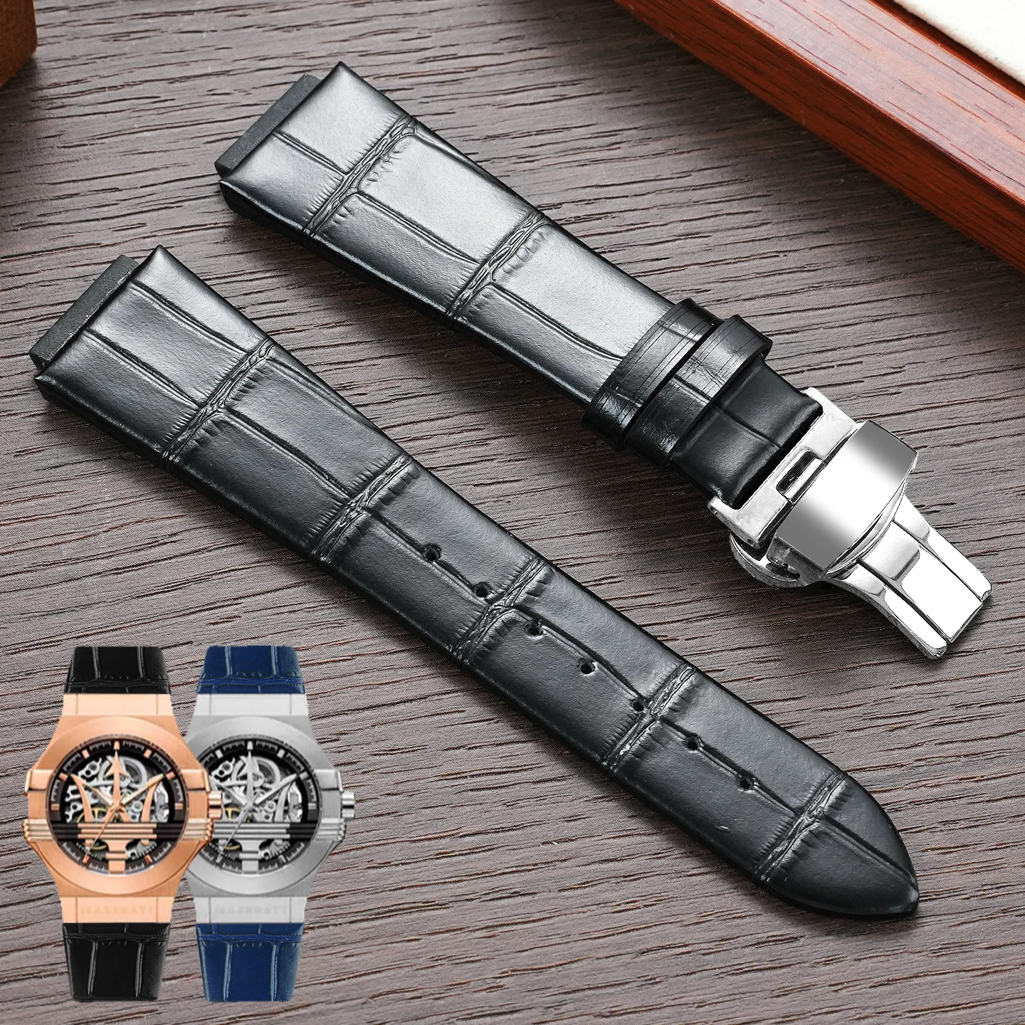 Correas de cuero genuino de 21×16×16 mm y 24×18×20 mm con un diseño de borde elevado para relojes Maserati Trident para hombre y mujer