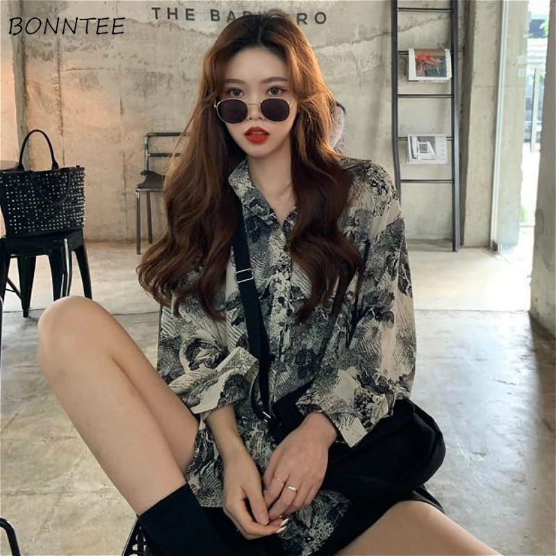 Shirts Women Vintage Chic BF High Street Harajuku Print Teens Clothes All-match Popular Casual Long Sleeve Ladies Sun-proof Top