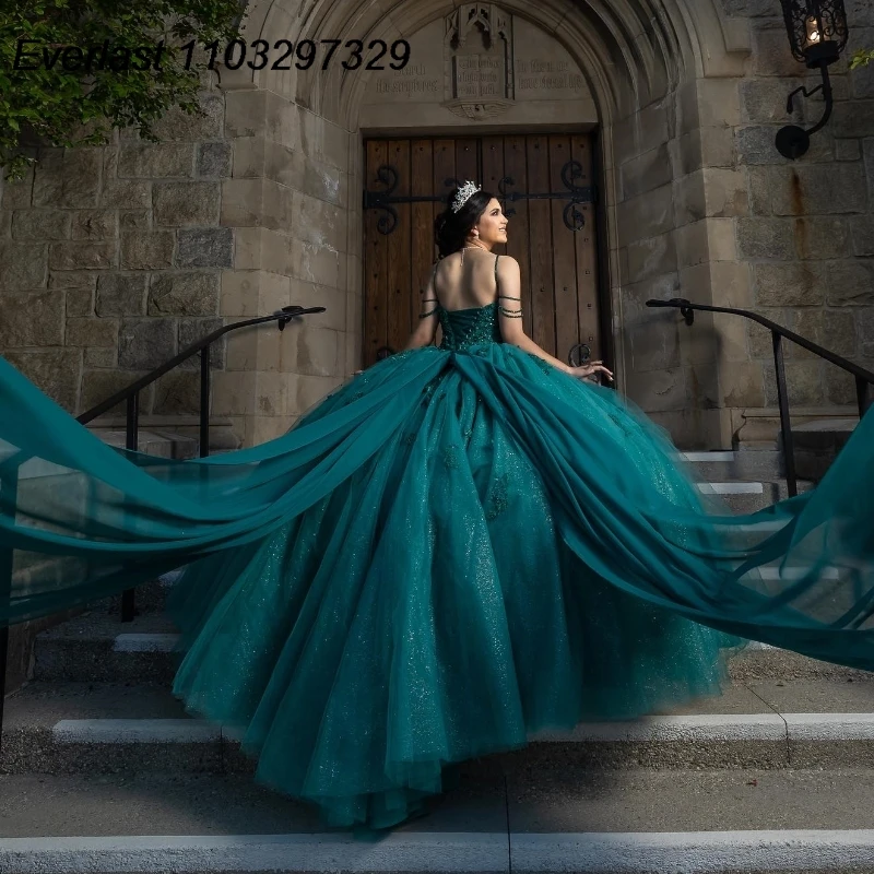 EVLAST Personalizzato Verde Smeraldo Abito Quinceanera Abito di Sfera Applique Floreale In Rilievo Con Mantello Dolce 16 Abiti Da 15 Años TQD878