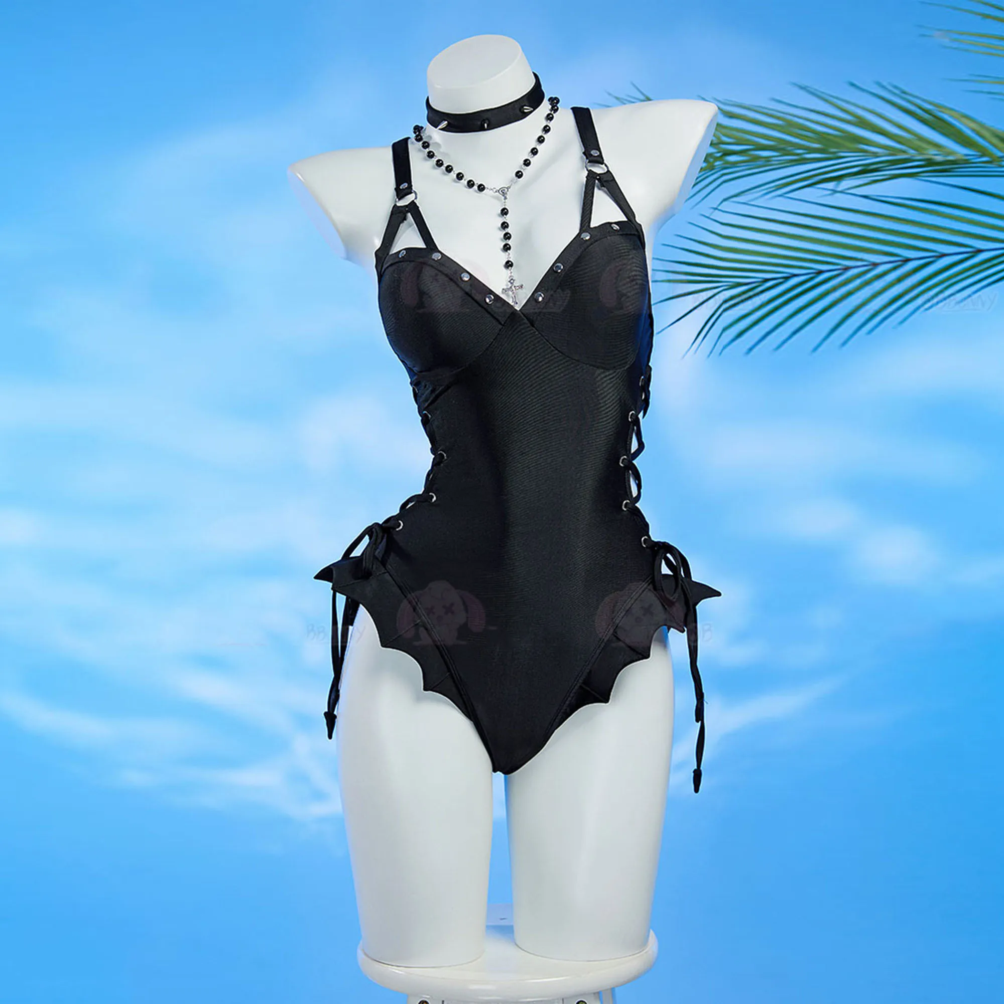 

Women Sexy One Piece Swimsuit Anime Misa Cosplay Costume Punk Gothic Cross Lace-up Swimwear Black Hollow Bathing Suit Summer New
