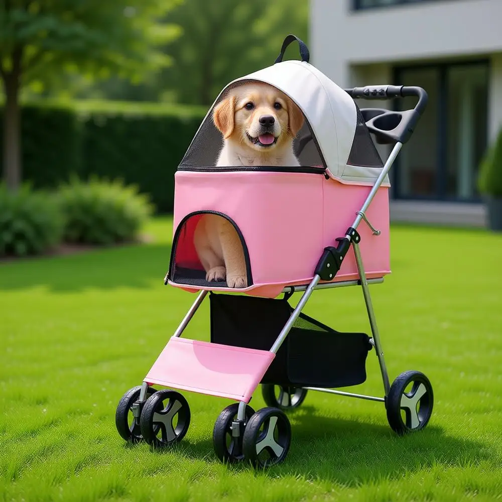 

4 Wheels Pet Stroller for Medium Dogs 33 Lbs Puppy Cat with Detachable Carrier, Cup Holder Tray, Bottom Storage, Pink