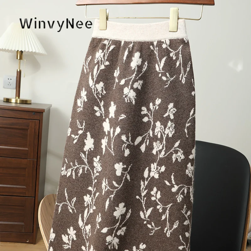 WinvyNee Women Pure Wool Jacquard Knitted Skirt Loose Fit Soft Textured Elegant Streetwear Autumn Winter Casual Bottom ZE1853009