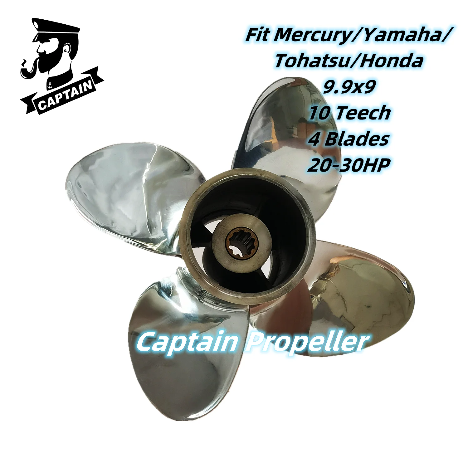 Captain Boat Propeller 9.9x9 For Mercury/Yamaha/Tohatsu/Honda Outboard Engine 25 30HP Stainless Steel 4 Blade 10 Tooth Spline RH