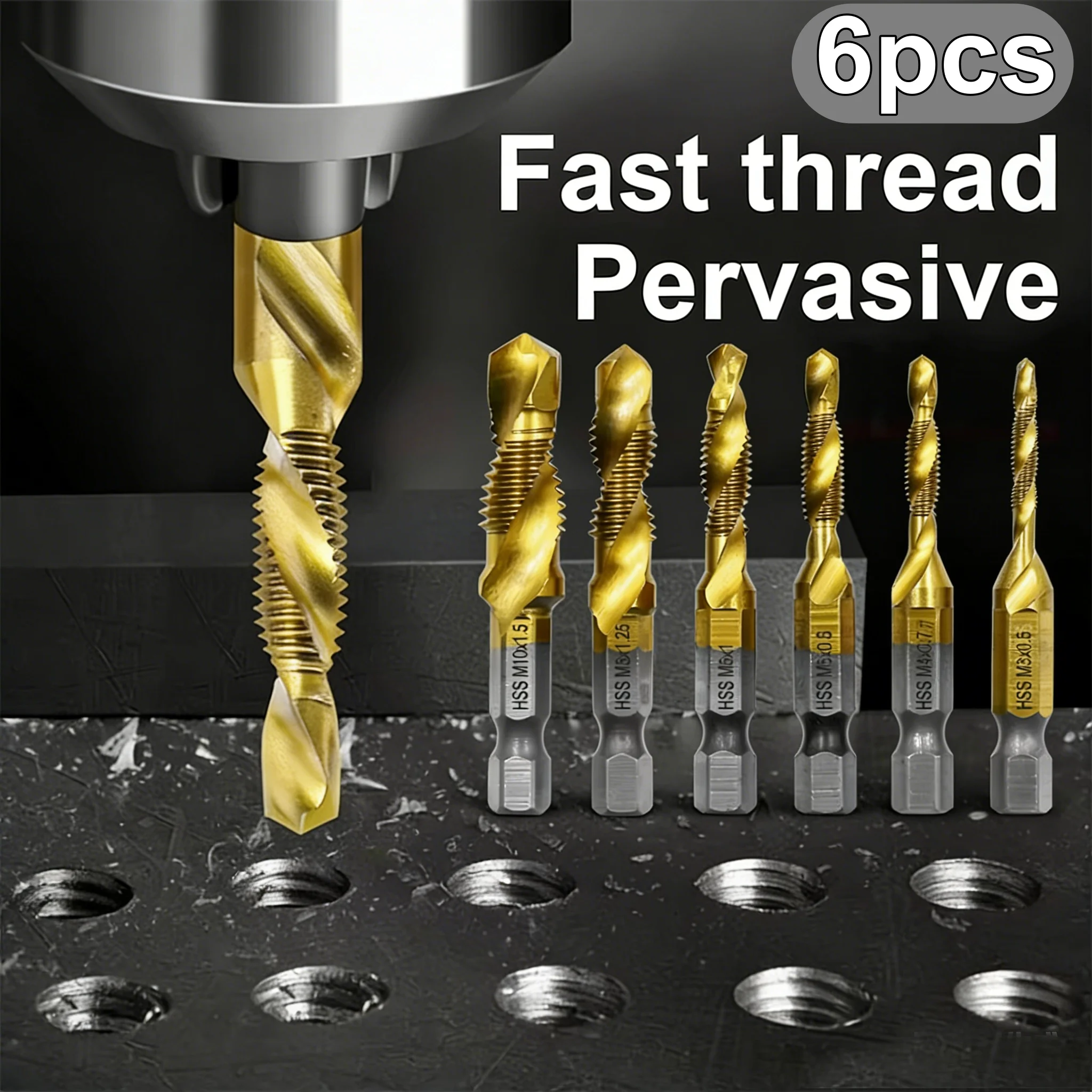 6PC High Speed Steel Titanium Plated Drill Bits HSS Taps Countersink Hex Shank Screw Machine Compound Tap Hand Tools Set M3-M10
