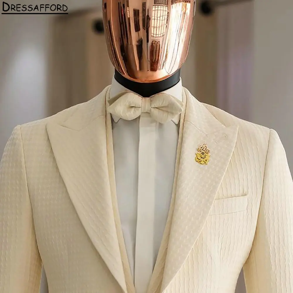 Trajes de hombre Beige para boda, esmoquin de novio Jacquard, chaqueta de 3 piezas, chaleco, pantalones, chaquetas de graduación personalizadas