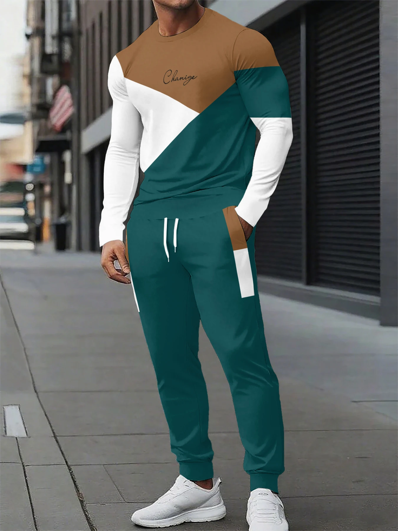 

Simple Black And Text Printed Men's Crew-neck Top And Pants Harajuku Street Fashion Casual Men 2pcs Suit