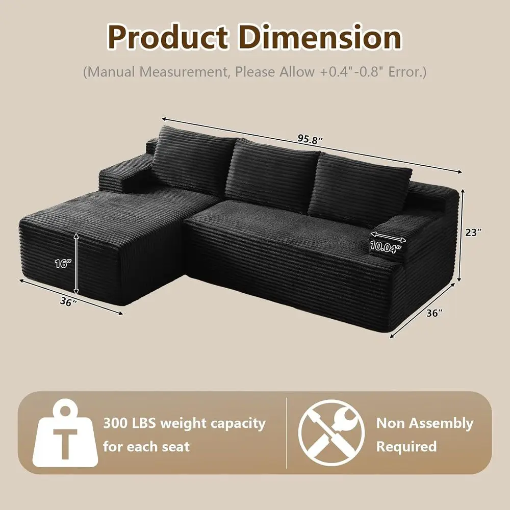 Sectional Sofa Couches L-Shape 3 Seat Sofa Corduroy Memory Foam Sectional Couches for Living Room, Cloud Couch with Oversized Ch