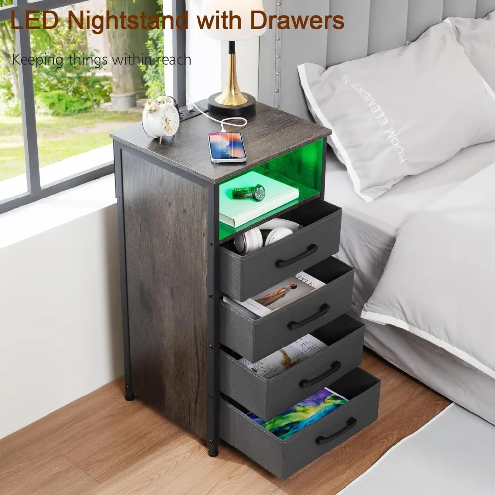 Bedside table set 2 with charging station, dresser with 4 drawers, LED end table with USB, socket, with storage compartment