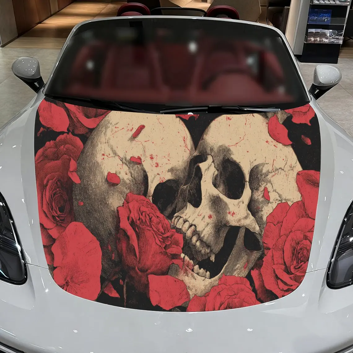

Intense Red Rose Skull Car Hood Stickers - Self-Adhesive, Waterproof and Durable Vinyl Wrap, Decorate And Protect Your Car - The