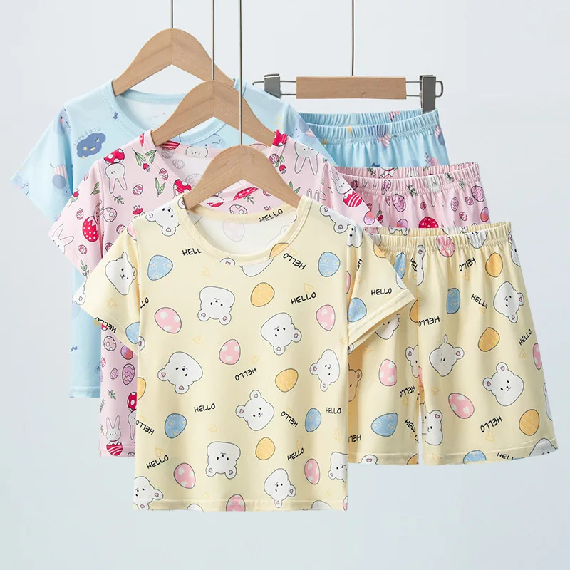 Summer Children's Pajamas Short-sleeved Shorts Cartoon Baby Loungewear Suit Boys and Girls Thin Outer Wear