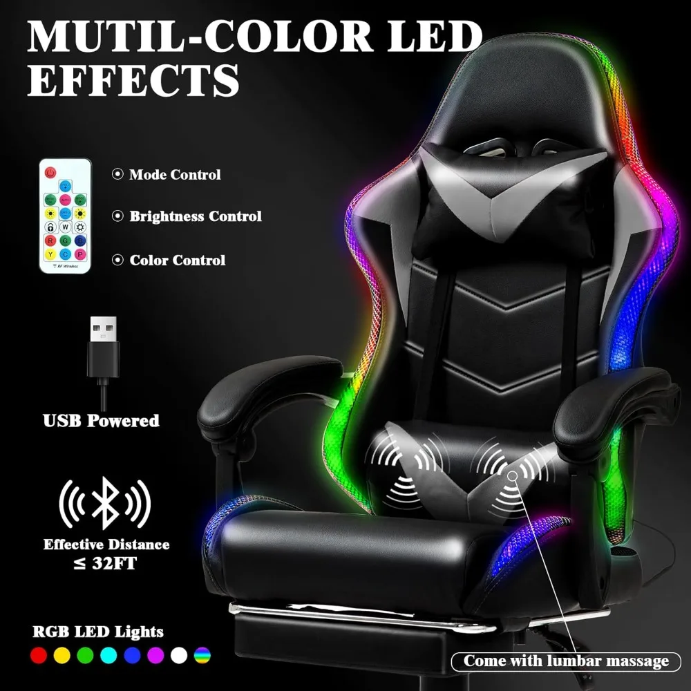 Racing-Style RGB LED Gaming Chair with Lumbar Massage for Adults and Kids, High-Back Reclining Comfort