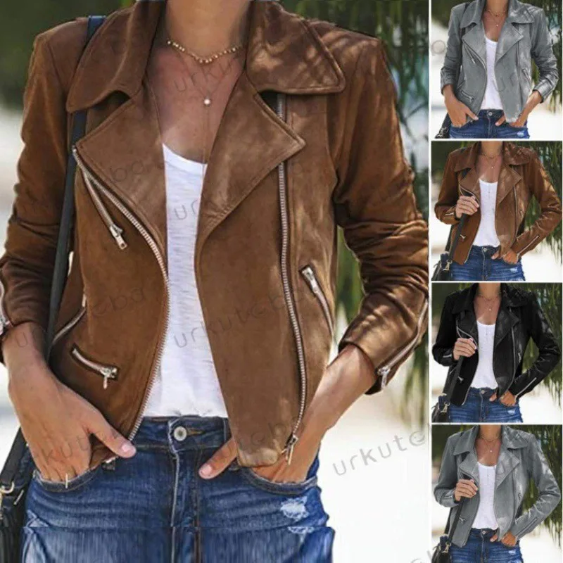 Turn Down Collar Zipper Jacket Short Edgy Street with Wrinkle Finish Long Sleeve Biker Spring Short Length Irregular Women Coat
