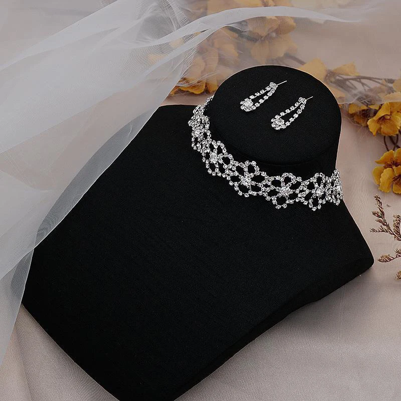 Fashion Crystal Bride Jewelry Set Rhinestone Silver-plated Wedding Dress Banquet Necklace Earrings Set Ladies Gift