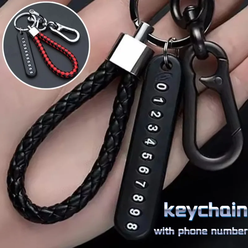Anti-Lost Car Keychain with Mobile Phone Number Card Leather Rope Pendant Key Chains for Men Women Key Ring
