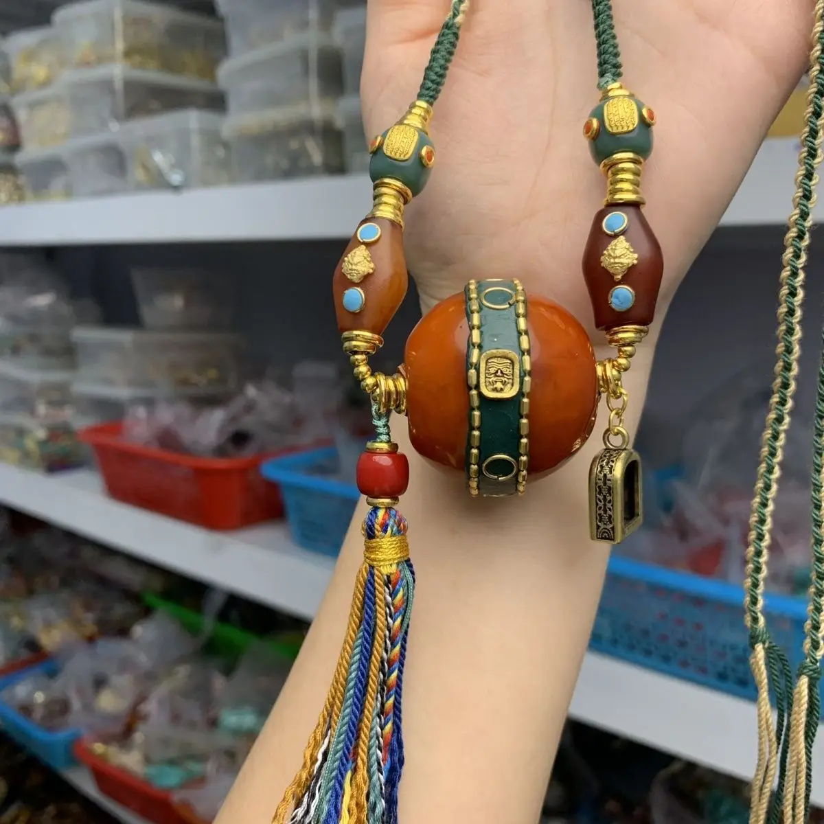 Tibetan Style Woven Necklace Inlaid with Nepalese Style Handmade Beads for Wealth and Luck Hanging Ornament