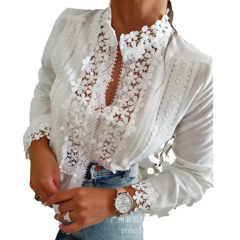 New Fashion 2025 Women's White Solid Color Casual Trendy Elegant Long Sleeve Stand Collar Lace Spliced Shirts Female Clothes