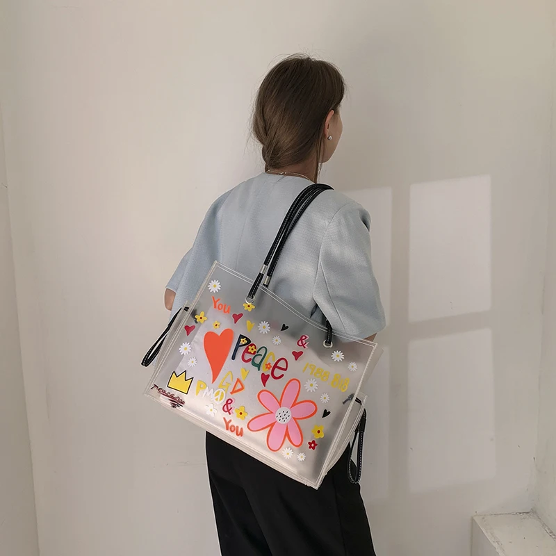 Transparent Tote Bag Fashionable and Popular Large Capacity Colored Graffiti 2024 Summer Youth New Companion Gift