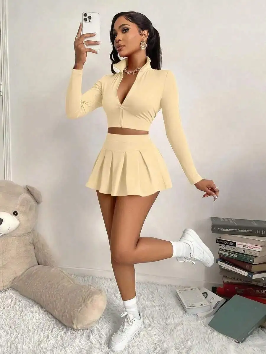

Womens 2-Piece Set Zipper Crop Top And Pleated Skirt Casual Elegant Sporty Outfit