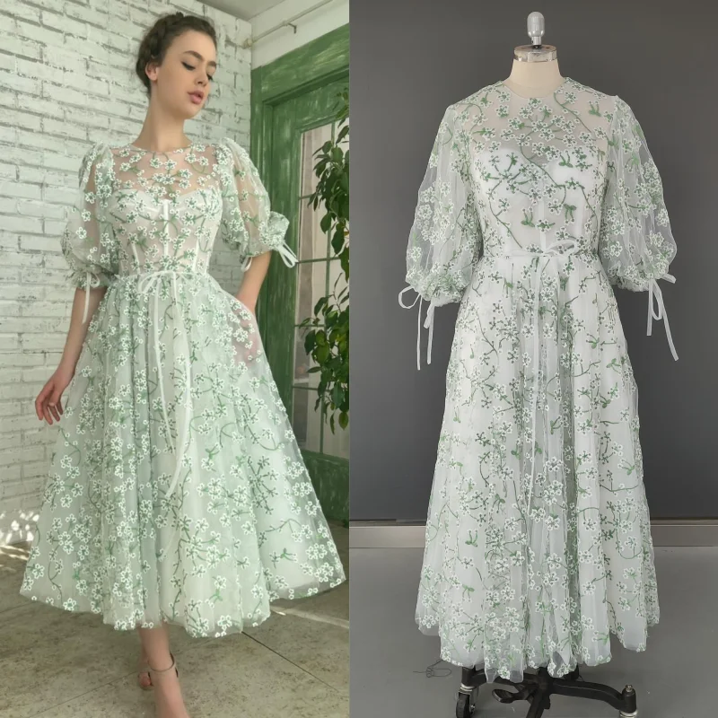 15272 # casual verde inchado mangas floral noivado vestido de casamento vestido de festa de aniversário para plus size feminino vestidos de noite de formatura