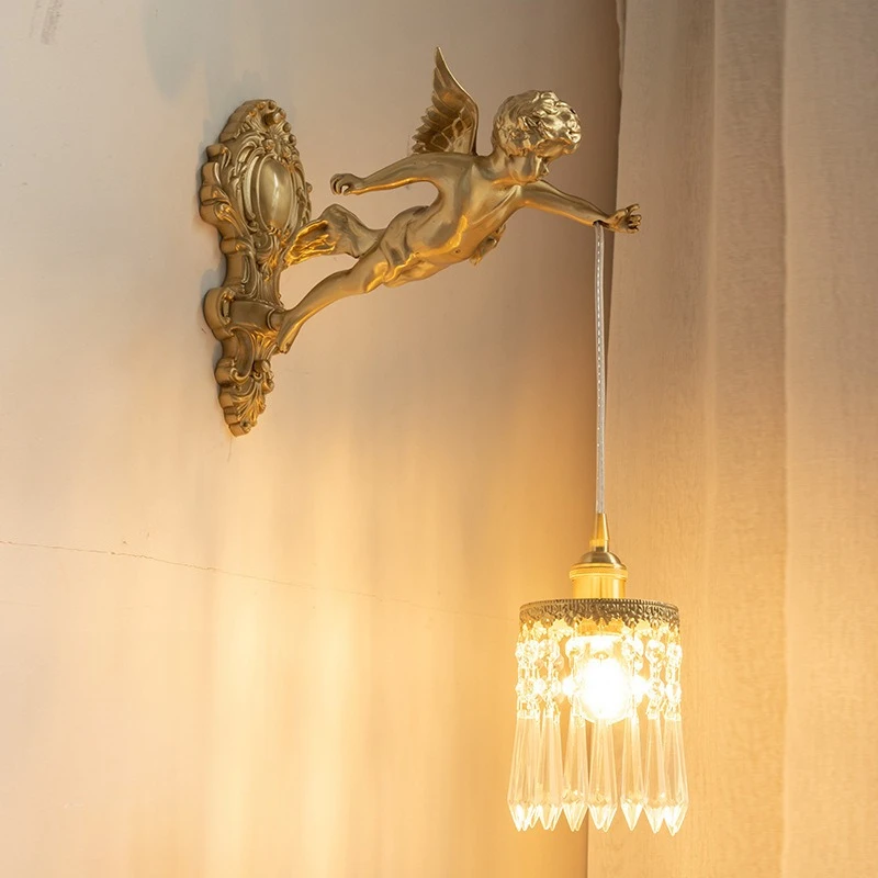 ثريا الملاك الفرنسية الرجعية المصنوعة من النحاس بالكامل، مدخل المدخل في العصور الوسطى، نافذة خليج بجانب السرير، ثريا كريستال نحاسية فاخرة خفيفة