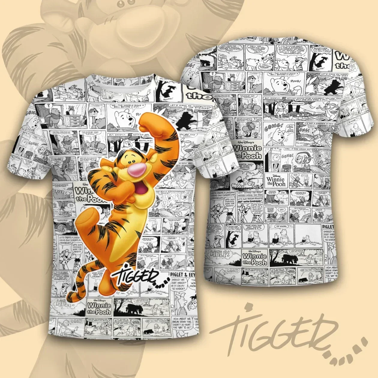 2024 Disney Tigger Winnie Pooh Quotes Orange Patterns Cartoon Outfits Unisex Casual Men and Women T-shirts 3D Short Sleeve