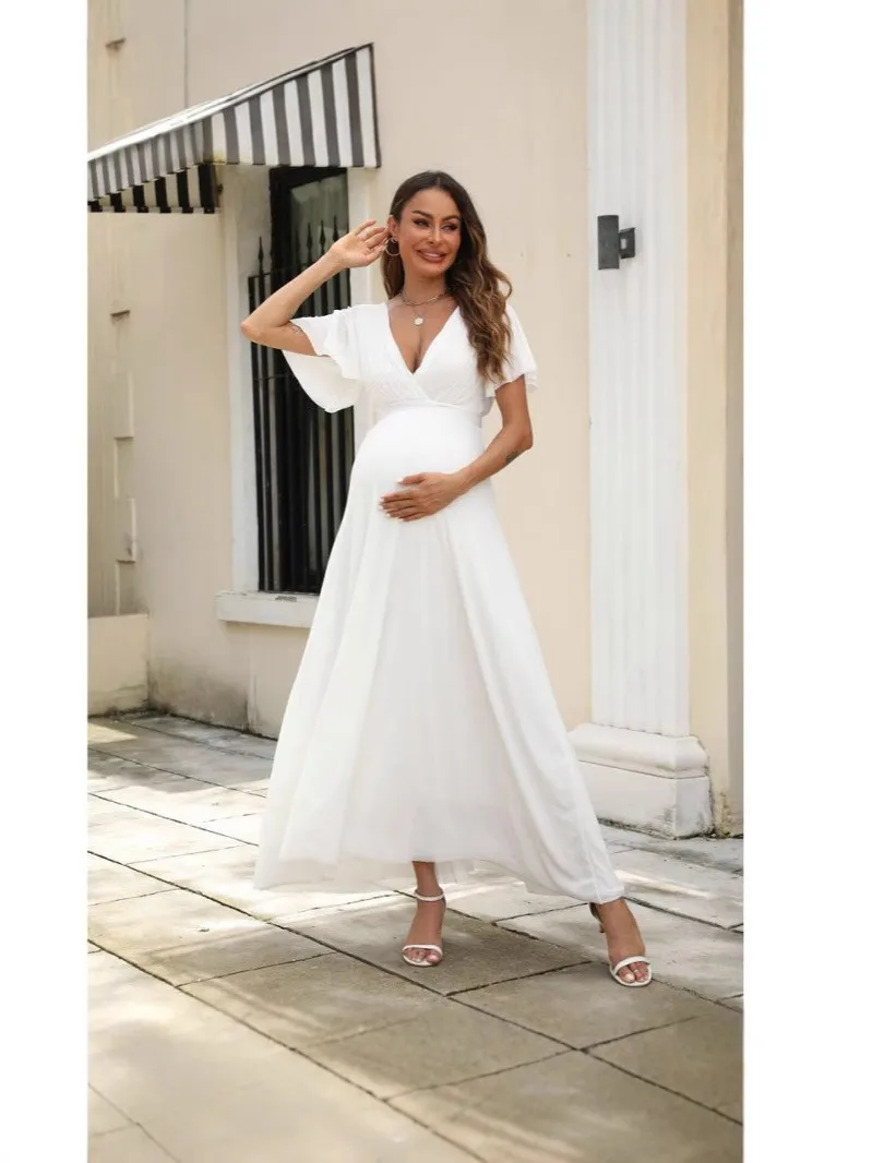 

Summer White Dress Women's Mesh Ruched Cap Sleeve V Neck Solid Maternity Dress Short Sleeve A Line Pleated Bodice Maxi Dress