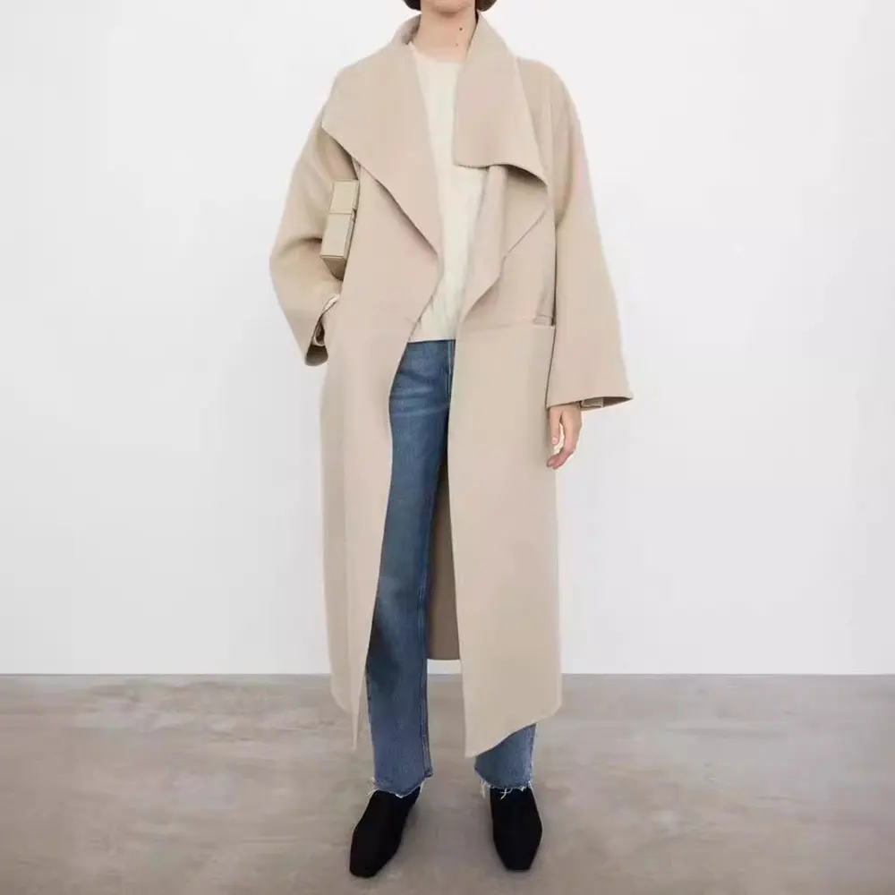 

Women'S Simple Fashion Tt * Double Wool Cashmere Side Opening Fork In The Long Loose Lapel Coat Tweed Coat