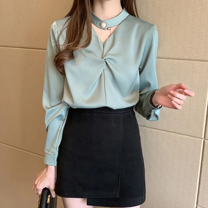 Satin Beading Halter V-Neck Woman Blouses 2022 Spring New Elegant Fashion Office Lady Long Sleeve Loose Commuter Shirts Female